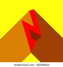 Lightning icon. Vector. Red icon with two flat reddish shadows on yellow background.