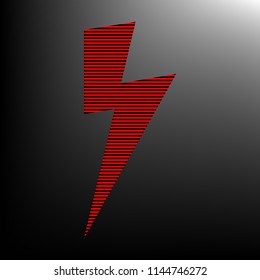 Lightning icon. Vector. Striped red and black icon at gradient blackish background. Zebra.