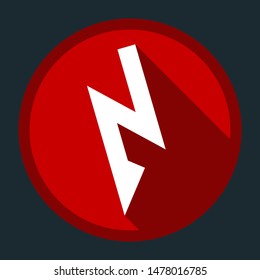 Lightning icon. White icon with shadow on round red button at dark cyan background. Illustration.