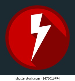 Lightning icon. White icon with shadow on round red button at dark cyan background. Illustration.