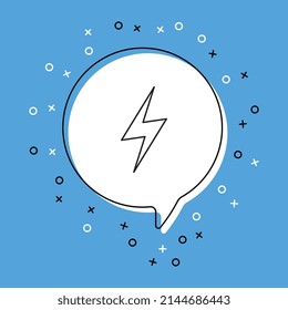 Lightning icon in white speech bubble with decorative elements on a blue background. Modern graphic announcement with thin line symbol. Vector illustration EPS 10
