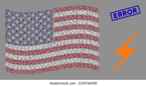 Lightning icons are arranged into American flag collage with blue rectangle corroded stamp watermark of Error text. Vector collage of American waving flag is made of lightning icons.