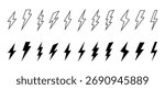 Lightning icons. Black and outlined lightning bolt icons in various sharp shapes. Energy, danger, electricity, and power symbol for UI, logos, weather, alerts concept. vector illustration eps