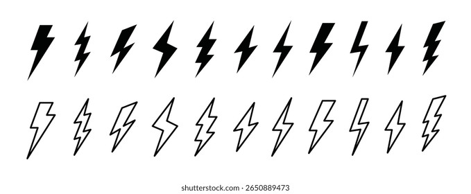 Ícones de raio. Ícones de raio preto e contornado em várias formas nítidas. Símbolo de energia, perigo, eletricidade e energia para interface do usuário, logotipos, clima, conceito de alertas. Conjunto mínimo de vetores planos.