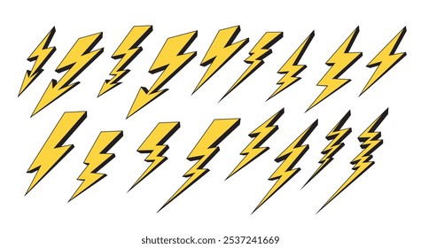 Lightning icons. Black silhouette of thunder and lightning different forms. Set of flash symbols or emblems. Vector illustration.