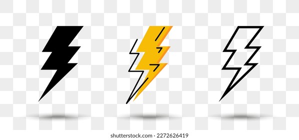 Lightning icons collection in different style with shadow. Set of thunderbolt icons