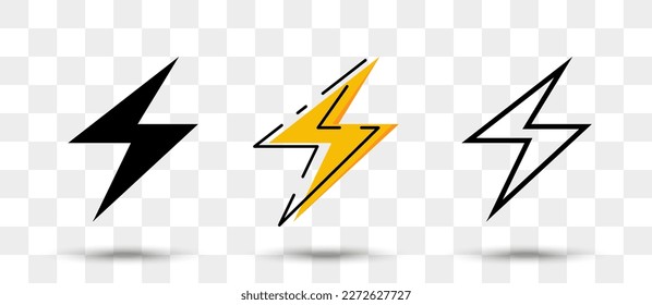 Lightning icons collection in different style with shadow. Set of thunderbolt icons