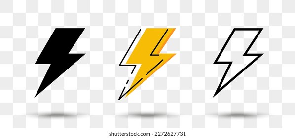 Lightning icons collection in different style with shadow. Set of thunderbolt icons