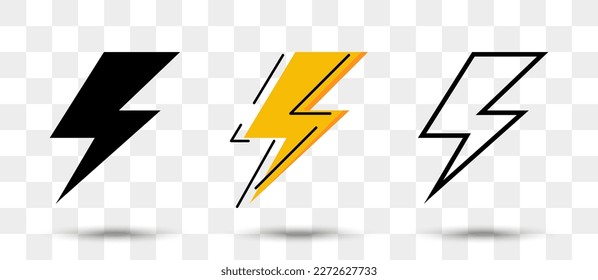 Lightning icons collection in different style with shadow. Set of thunderbolt icons