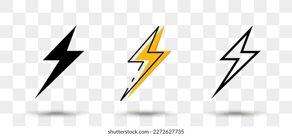 Lightning icons collection in different style with shadow. Set of thunderbolt icons