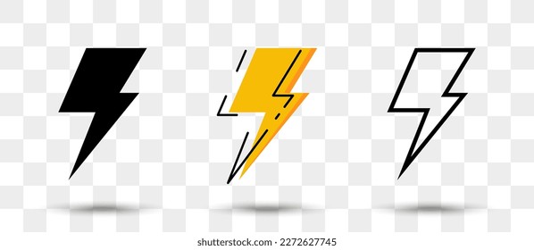 Lightning icons collection in different style with shadow. Set of thunderbolt icons