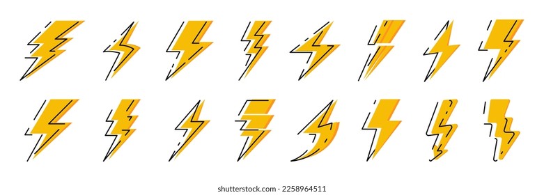 Lightning icons collection. Set of different thunder storm icons