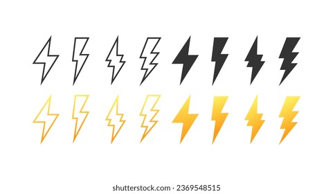 Lightning icons. Different styles, colors, lightning icons, thunderstorm set. Vector icons