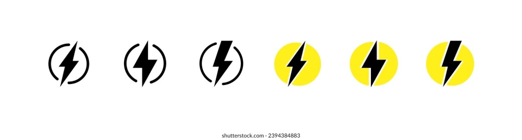 Lightning icons. Different styles, lightning inside a circle, lightning icons. Vector icons