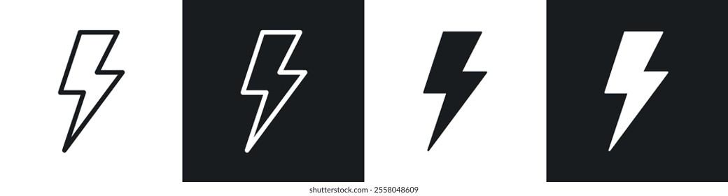 Lightning icons pack in black and white filled and outlined versions.