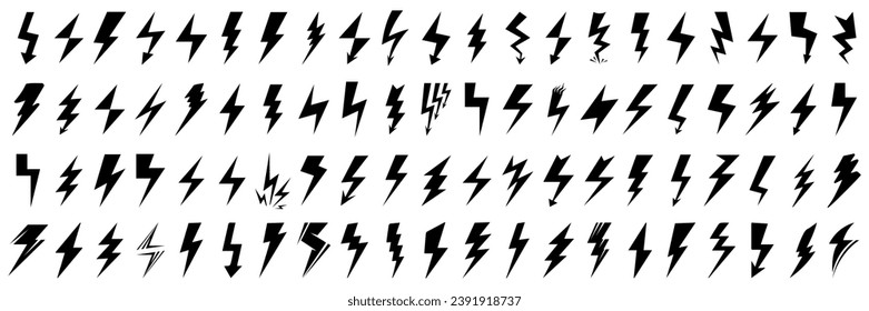 Lightning icons. Set of bolt icons. Charging, energy, storm, power, shock symbols. Black lightning icon collection