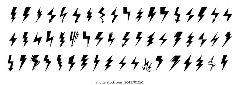 Lightning icons. Set of bolt icons. Charging, energy, storm, power, shock symbols. Black lightning icon collection