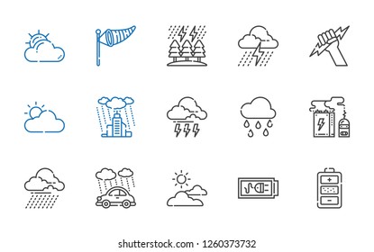lightning icons set. Collection of lightning with battery, cloudy, rain, storm, raining, zeus, wind sign. Editable and scalable lightning icons.