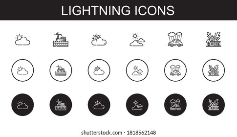 lightning icons set. Collection of lightning with cloudy, storm, rain. Editable and scalable lightning icons.