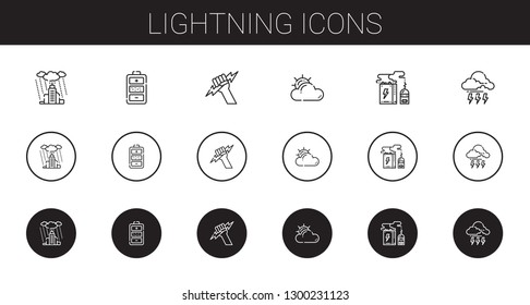 lightning icons set. Collection of lightning with rain, battery, zeus, cloudy, storm. Editable and scalable lightning icons.
