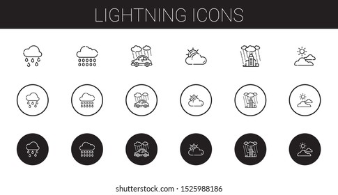 lightning icons set. Collection of lightning with raining, rain, cloudy. Editable and scalable lightning icons.