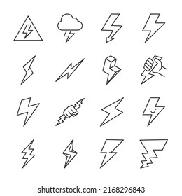 Lightning icons set. Different shapes, linear icon collection. Line with editable stroke