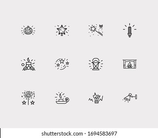 Lightning icons set. Lantern and lightning icons with magic wand, wall lamp, christmas candle. Set of traditional for web app logo UI design.