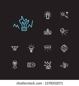 Lightning icons set. Led bulb and lightning icons with ceiling lamp, low battery, magic wand. Set of professional for web app logo UI design.