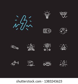 Lightning icons set. Led bulb and lightning icons with bonfire, table lamp and sparkles. Set of sparkler for web app logo UI design.