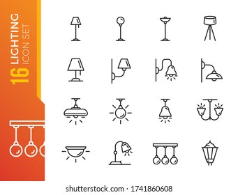 Lightning icons set. Set of loft track spots, metal pendants, wall sconce, floor lamp, torchere, lightbox, back light, ceiling chandelier, street lights isolated vector icons