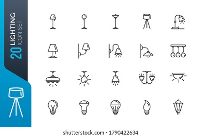 Lightning icons set. Set of loft track spots, metal pendants, wall sconce, floor lamp, torchere, lightbox, back light, ceiling chandelier, street lights isolated vector icons