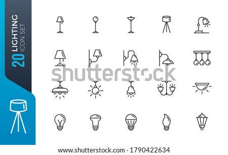 Lightning icons set. Set of loft track spots, metal pendants, wall sconce, floor lamp, torchere, lightbox, back light, ceiling chandelier, street lights isolated vector icons