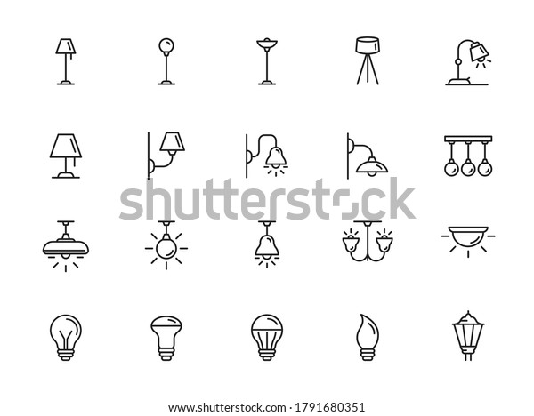 Lightning icons set.\
Set of loft track spots, metal pendants, wall sconce, floor lamp,\
torchere, lightbox, back light, ceiling chandelier, street lights\
isolated vector\
icons