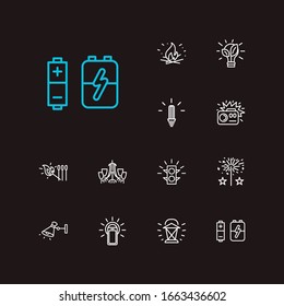 Lightning icons set. Match and lightning icons with batteries, bonfire and traffic light. Set of camp for web app logo UI design.