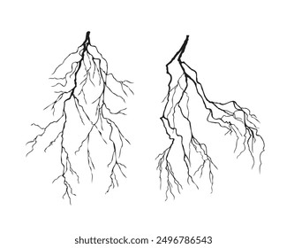 Lightning icons set. Lightning silhouettes isolated on white background. Electric bolts, Thunder strikes, Weather phenomenon icons template. Vector illustration. 