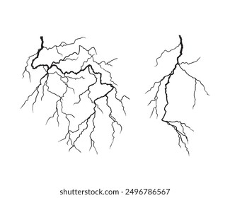 Conjunto de iconos de relámpago. Siluetas del rayo aisladas en el fondo blanco. Pernos eléctricos, golpes del trueno, Plantilla de los iconos del fenómeno del Clima. Ilustración vectorial. 