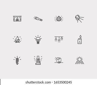 Lightning icons set. Sunlight and lightning icons with fireplace, flashlight and spiral bulb. Set of camp for web app logo UI design.