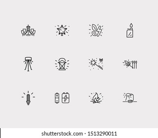 Lightning icons set. Table lamp and lightning icons with chandelier, christmas tree star, batteries. Set of camp for web app logo UI design
