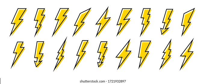 Lightning icons set. Thunder and Bolt. Flash icon. Lightning bolt. Black and yellow silhouette. Vector Illustration.
