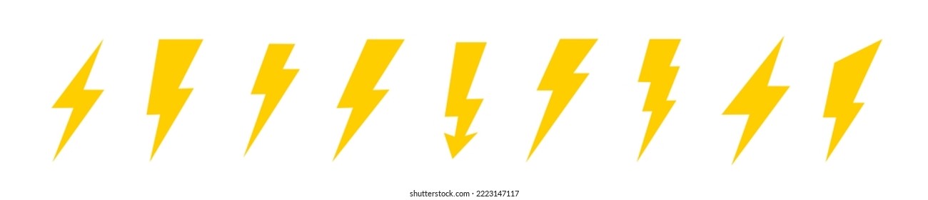 Iconos relámpago. Trueno y Bolt. Icono de Flash. Rayo. Silueta negra y amarilla. Ilustración vectorial.	
