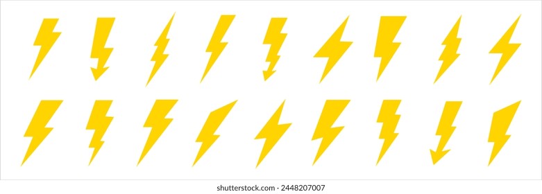 Lightning icons set. Thunder and Bolt. Flash icon. Lightning bolt. Black and yellow silhouette. Vector Illustration.