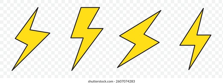 Lightning icons set. Thunder and Bolt. Flash icon. Lightning bolt. Black and yellow silhouette. Vector Illustration. EPS 10.