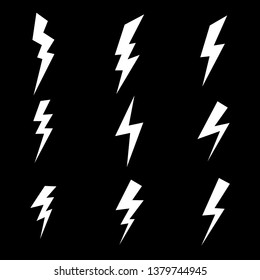Lightning icons set. Vector symbols collection on black backgound