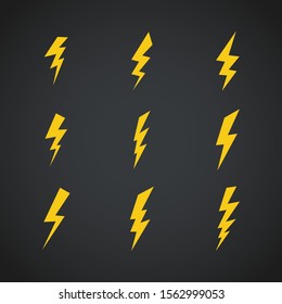 Lightning icons set. Vector symbols set on dark 