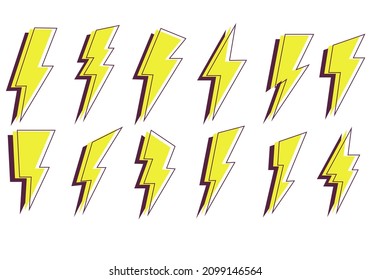 Lightning icons set. Set of yellow lightning bolt with black contour. Symbol energy and thunder, electricity. Flash emblem Isolated stock vector illustration