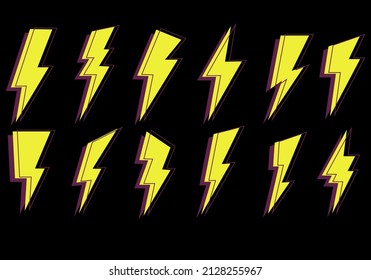Lightning icons set. Set of yellow lightning bolt with black contour. Symbol energy and thunder, electricity. Flash emblem Isolated stock vector illustration
