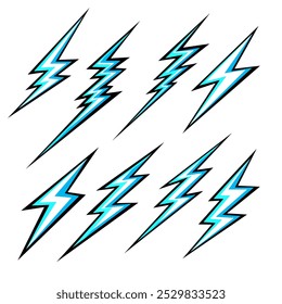 Lightning icons. Symbol or emblem flash. Blue Thunder and Bolt with black contour. Vector Illustration.