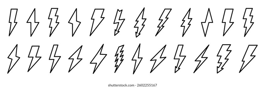 Lightning icons, Thunder symbols set. Light, energy bolt outline icons. Vector icons