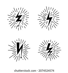 Lightning icons. Thunderbolt. Thunder flash light. Zigzag silhouettes with arrows. Isolated recharge emblems. Thunderstorm sky illumination. Electricity signs. Vector weather symbols set