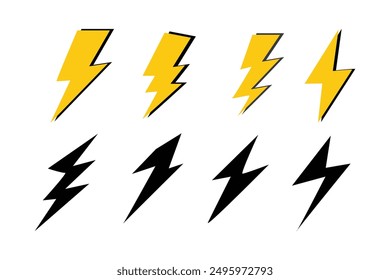 Lightning icons vector set. Thunder and Bolt. Flash icon. Lightning bolt yellow silhouette with black frame in cartoon style.